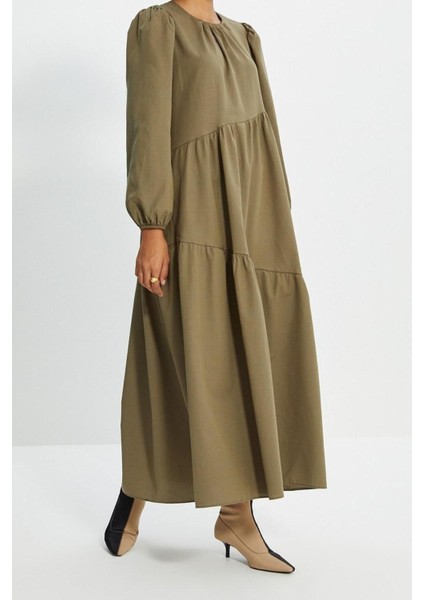 Yeni Regular Casual Günlük Terrycotton Dokuma Bisiklet Yaka Uzun Kol A-Line Maxi Boy Tesettür Elbise