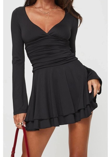 Yeni Fit Casual Günlük Interlok Örme Bisiklet Yaka Uzun Kol Basic Midi Boy Elbise