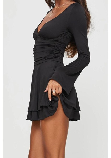 Yeni Fit Casual Günlük Interlok Örme Bisiklet Yaka Uzun Kol Basic Midi Boy Elbise