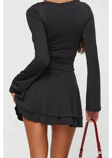 Yeni Fit Casual Günlük Interlok Örme Bisiklet Yaka Uzun Kol Basic Midi Boy Elbise