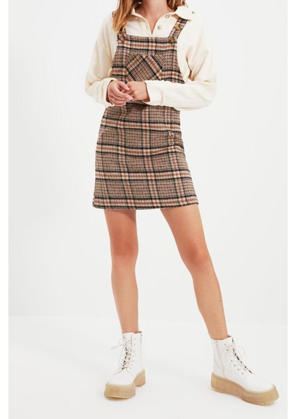 Yeni Fit Casual Günlük Flanel Dokuma Kare Yaka Askılı Kol Jile Mini Boy Elbise fiyatları