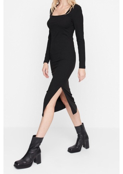 Yeni Slim Casual Günlük Poliviskon Kaşkorse Örme Kare Yaka Uzun Kol Bodycone Midi Boy Elbise fiyatları