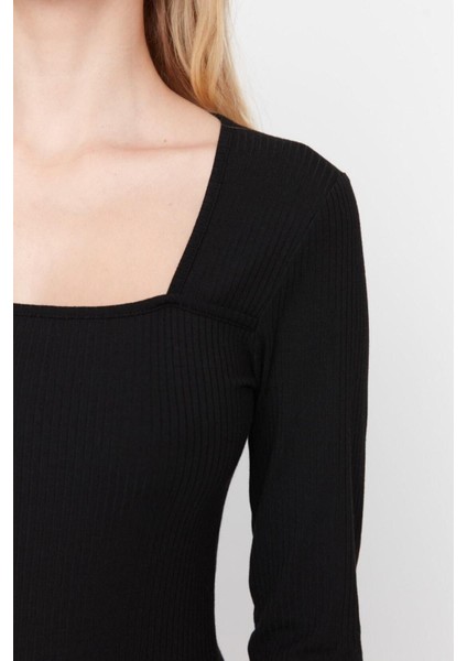 Yeni Slim Casual Günlük Poliviskon Kaşkorse Örme Kare Yaka Uzun Kol Bodycone Midi Boy Elbise modelleri