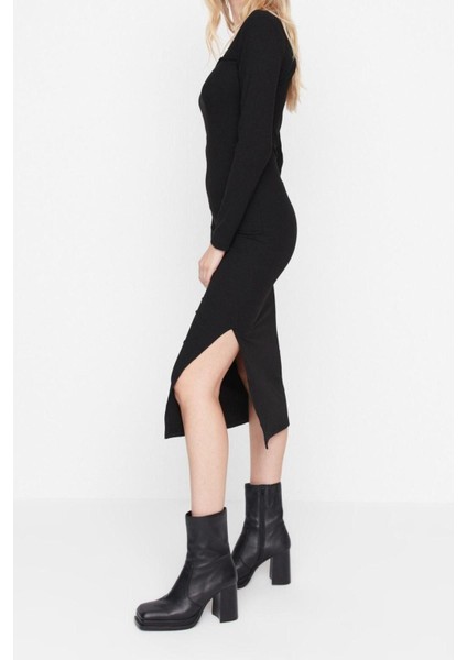 Yeni Slim Casual Günlük Poliviskon Kaşkorse Örme Kare Yaka Uzun Kol Bodycone Midi Boy Elbise fırsatları