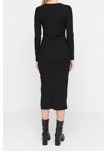 Yeni Slim Casual Günlük Poliviskon Kaşkorse Örme Kare Yaka Uzun Kol Bodycone Midi Boy Elbise indirimleri
