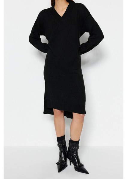 Yeni Oversize Casual Günlük Selanik Triko V Yaka Uzun Kol Shift Maxi Boy Elbise
