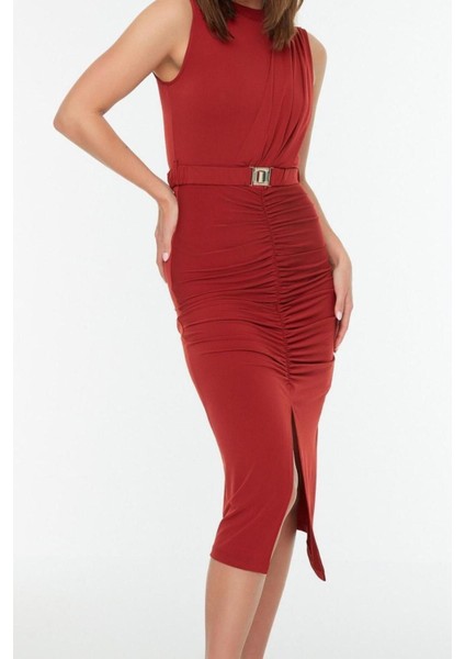 Yeni Slim Gündüz Gece Sandy Örme Dik Yaka Kolsuz Kol Bodycone Midi Boy Elbise