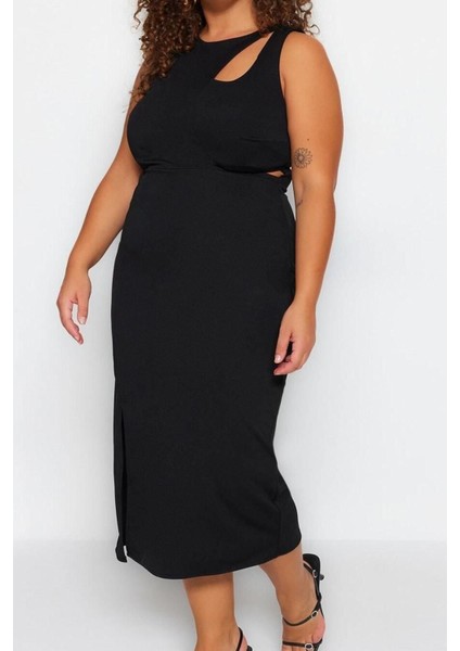 Yeni Fit Gündüz Gece Krep Örme Bisiklet Yaka Kolsuz Kol Bodycone Midi Boy Büyük Beden Elbise fiyatları