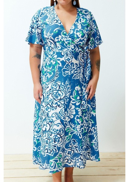 Rahat Casual Günlük Shally Dokuma Kruvaze Kısa Kol Anvelop Maxi Boy Büyük Beden Elbise