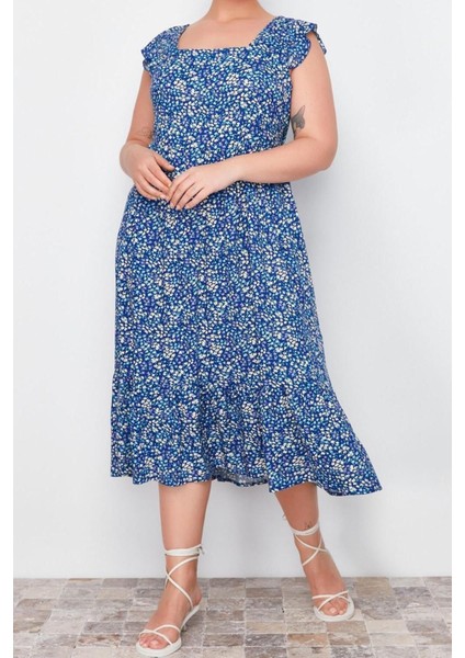 Yeni Fit Casual Günlük Shally Dokuma Kare Yaka Askısız Kol A-Line Midi Boy Büyük Beden Elbise