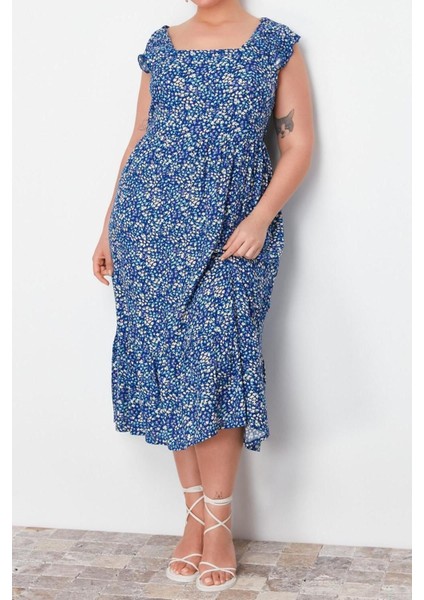 Yeni Fit Casual Günlük Shally Dokuma Kare Yaka Askısız Kol A-Line Midi Boy Büyük Beden Elbise