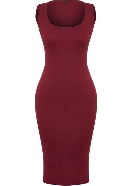 Slim Casual Günlük Rejenere Kaşkorse Örme Havuz Yaka Kolsuz Kol Bodycone Midi Boy Elbise