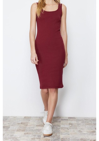 Slim Casual Günlük Rejenere Kaşkorse Örme Havuz Yaka Kolsuz Kol Bodycone Midi Boy Elbise