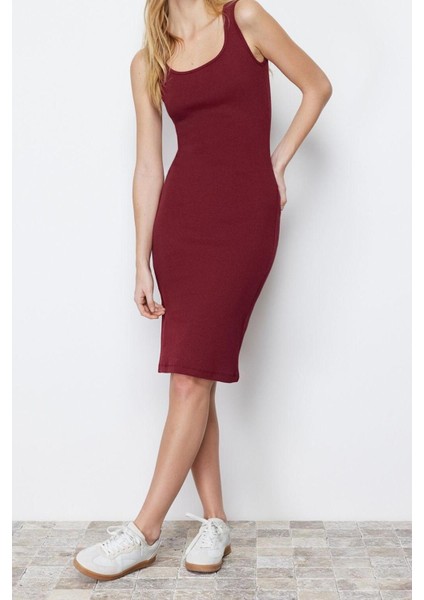Slim Casual Günlük Rejenere Kaşkorse Örme Havuz Yaka Kolsuz Kol Bodycone Midi Boy Elbise