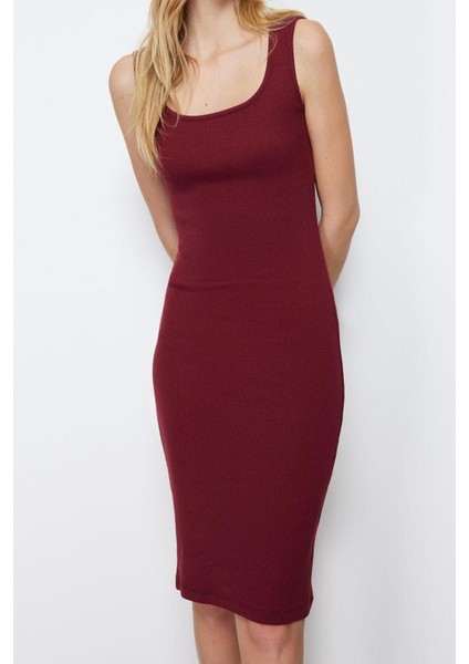 Slim Casual Günlük Rejenere Kaşkorse Örme Havuz Yaka Kolsuz Kol Bodycone Midi Boy Elbise