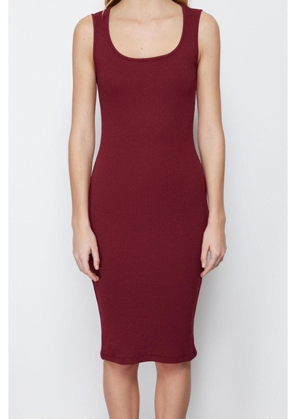 Slim Casual Günlük Rejenere Kaşkorse Örme Havuz Yaka Kolsuz Kol Bodycone Midi Boy Elbise