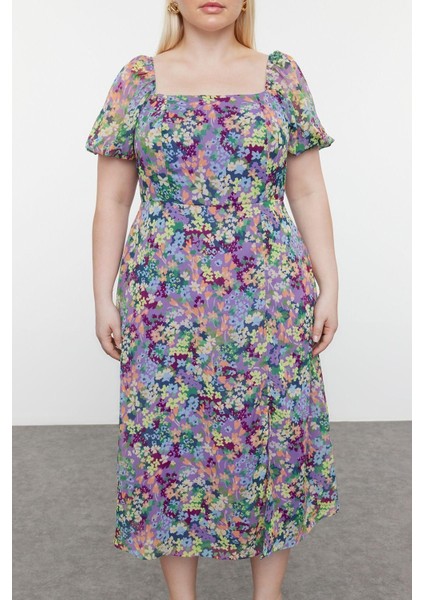 Yeni Büyük Beden Casual Günlük Şifon Dokuma Kare Yaka Kısa Kol A-Line Büyük Boy Büyük Beden Elbise fırsatları