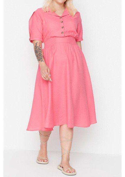 Yeni Rahat Casual Günlük Aerobin Dokuma Gömlek Yaka Kısa Kol A-Line Midi Boy Büyük Beden Elbise modelleri