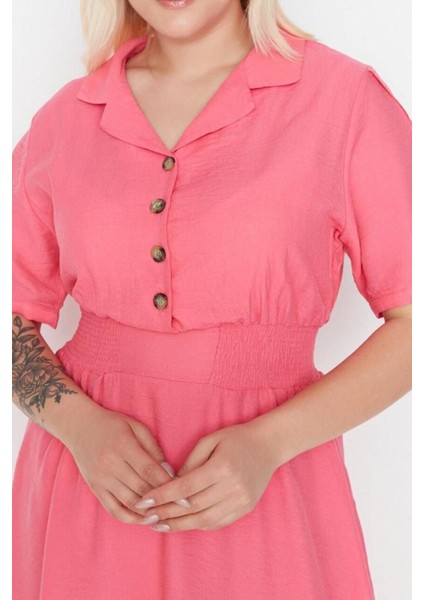 Yeni Rahat Casual Günlük Aerobin Dokuma Gömlek Yaka Kısa Kol A-Line Midi Boy Büyük Beden Elbise fırsatları