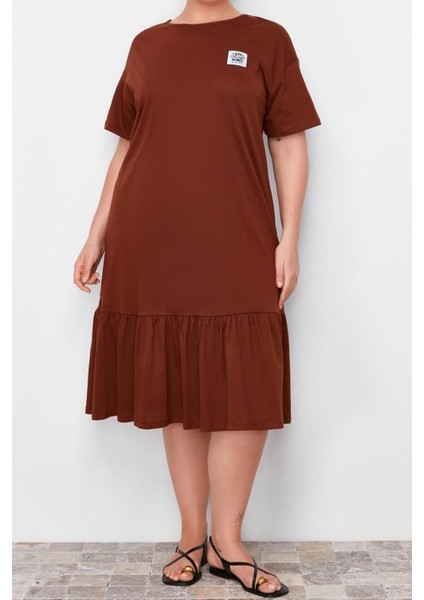 Yeni Rahat Günlük Süprem Örme Bisiklet Yaka Kısa Kol T-Shirt Elbise Midi Boy Büyük Beden Elbise modelleri