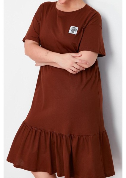 Yeni Rahat Günlük Süprem Örme Bisiklet Yaka Kısa Kol T-Shirt Elbise Midi Boy Büyük Beden Elbise fırsatları