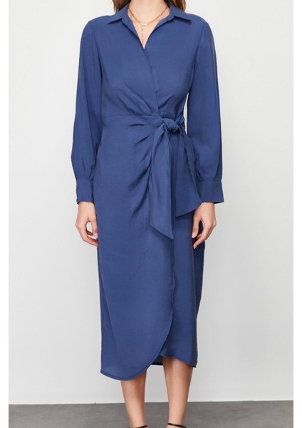 Yeni Kruvaze Casual Günlük Yenil Kumaş Dokuma Kruvaze Uzun Kol Kruvaze Midi Boy Elbise