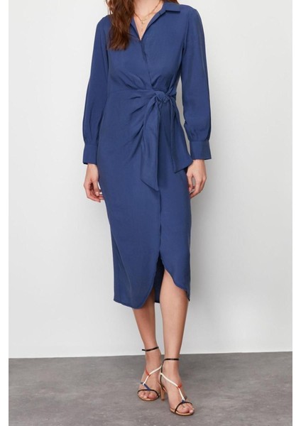 Yeni Kruvaze Casual Günlük Yenil Kumaş Dokuma Kruvaze Uzun Kol Kruvaze Midi Boy Elbise fırsatları