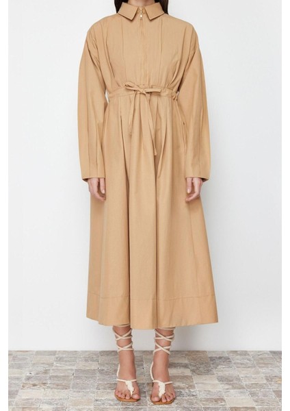 Yeni Regular Casual Günlük Poplin Dokuma Ceket Yaka Uzun Kol A-Line Maxi Boy Tesettür Elbise