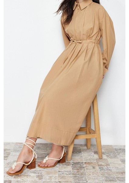 Yeni Regular Casual Günlük Poplin Dokuma Ceket Yaka Uzun Kol A-Line Maxi Boy Tesettür Elbise