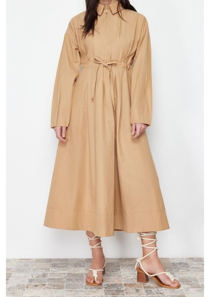 Yeni Regular Casual Günlük Poplin Dokuma Ceket Yaka Uzun Kol A-Line Maxi Boy Tesettür Elbise