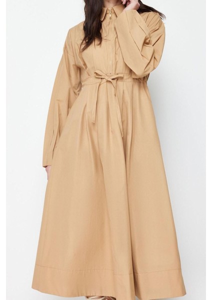 Yeni Regular Casual Günlük Poplin Dokuma Ceket Yaka Uzun Kol A-Line Maxi Boy Tesettür Elbise