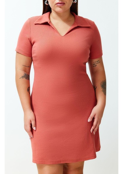 Yeni Slim Casual Günlük Kaşkorse Örme Polo Yaka Kısa Kol A-Line Midi Boy Büyük Beden Elbise