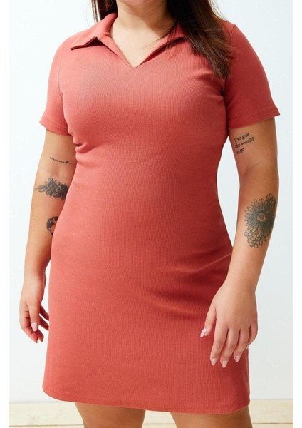 Yeni Slim Casual Günlük Kaşkorse Örme Polo Yaka Kısa Kol A-Line Midi Boy Büyük Beden Elbise fiyatları