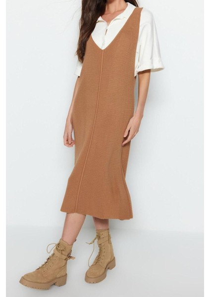 Yeni Regular Casual Günlük Dolu Iğne Triko V Yaka Uzun Kol Shift Maxi Boy Elbise