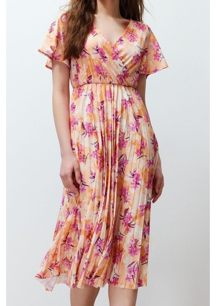 Yeni Regular Casual Günlük Polyester Kaşkorse Örme Kruvaze Kısa Kol A-Line Midi Boy Elbise