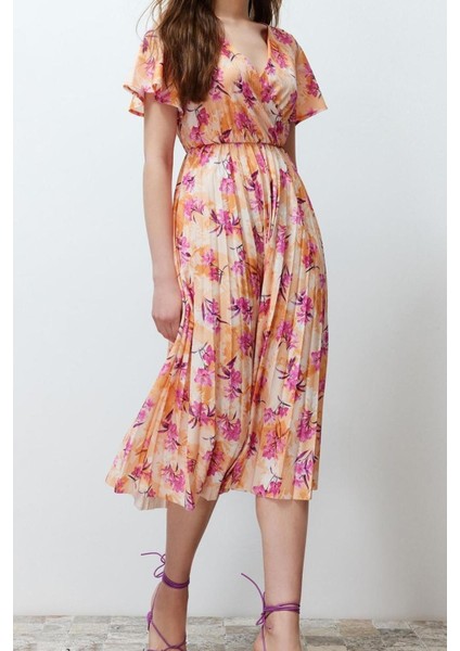 Yeni Regular Casual Günlük Polyester Kaşkorse Örme Kruvaze Kısa Kol A-Line Midi Boy Elbise