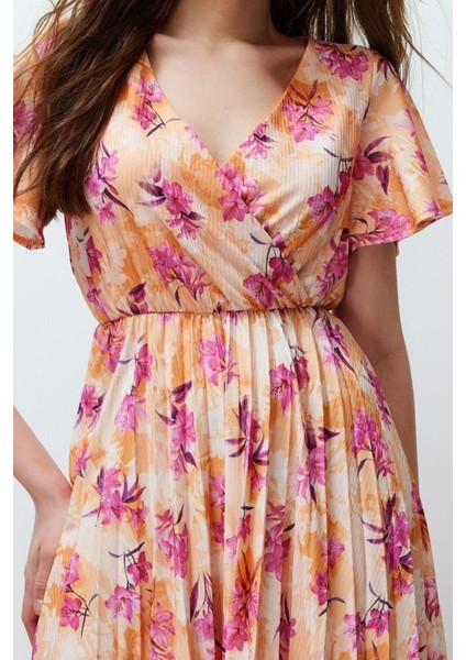 Yeni Regular Casual Günlük Polyester Kaşkorse Örme Kruvaze Kısa Kol A-Line Midi Boy Elbise