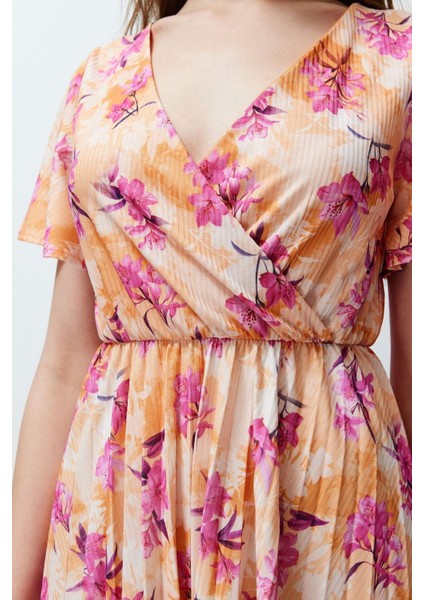Yeni Regular Casual Günlük Polyester Kaşkorse Örme Kruvaze Kısa Kol A-Line Midi Boy Elbise
