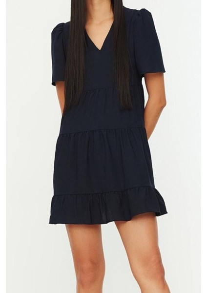 Yeni Regular Casual Günlük Aerobin Dokuma V Yaka Kısa Kol Shift Mini Boy Elbise