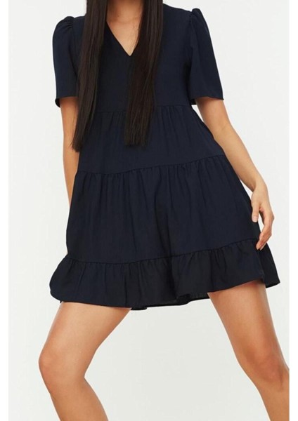 Yeni Regular Casual Günlük Aerobin Dokuma V Yaka Kısa Kol Shift Mini Boy Elbise modelleri