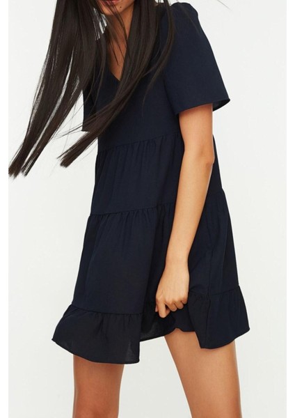 Yeni Regular Casual Günlük Aerobin Dokuma V Yaka Kısa Kol Shift Mini Boy Elbise fırsatları