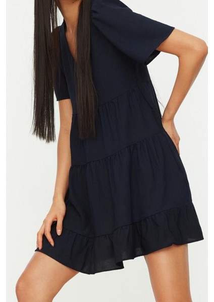 Yeni Regular Casual Günlük Aerobin Dokuma V Yaka Kısa Kol Shift Mini Boy Elbise indirimleri