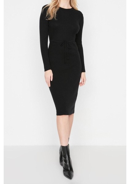 Yeni Slim Casual Günlük Tek Plaka Triko Bisiklet Yaka Uzun Kol Bodycone Midi Boy Elbise
