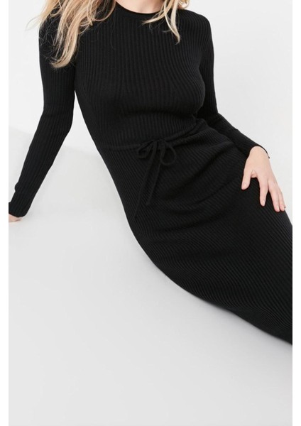 Yeni Slim Casual Günlük Tek Plaka Triko Bisiklet Yaka Uzun Kol Bodycone Midi Boy Elbise