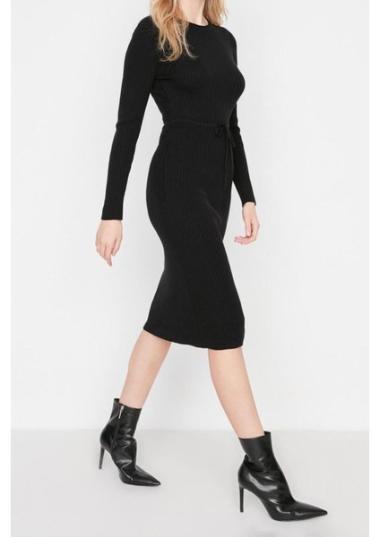 Yeni Slim Casual Günlük Tek Plaka Triko Bisiklet Yaka Uzun Kol Bodycone Midi Boy Elbise