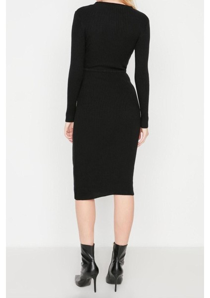 Yeni Slim Casual Günlük Tek Plaka Triko Bisiklet Yaka Uzun Kol Bodycone Midi Boy Elbise