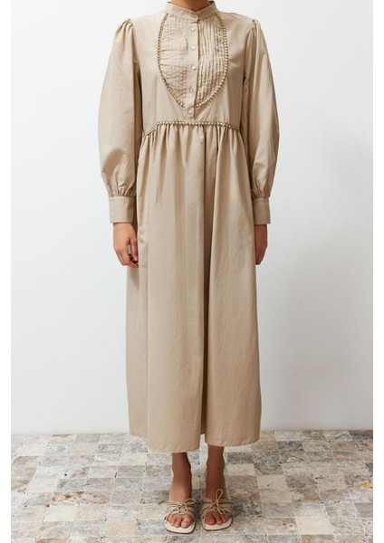 Yeni Regular Casual Günlük Terrycotton Dokuma Dik Yaka Uzun Kol A-Line Maxi Boy Tesettür Elbise