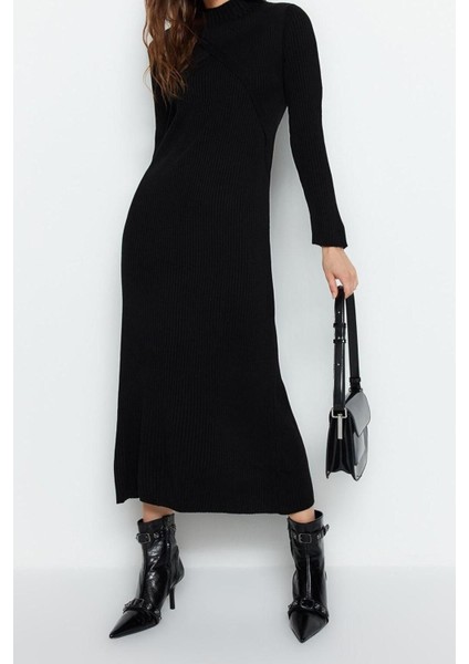 Yeni Fit Casual Günlük Ribana Kaşkorse Triko Dik Yaka Uzun Kol Shift Maxi Boy Tesettür Elbise