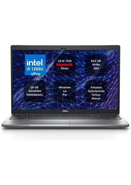 Latitude 5530 Intel Core I7 1265U Vpro 16GB 512GB SSD 15.6" Fhd Dokunmatik Ekranlı Windows 11 Pro Taşınabilir Bilgisayar