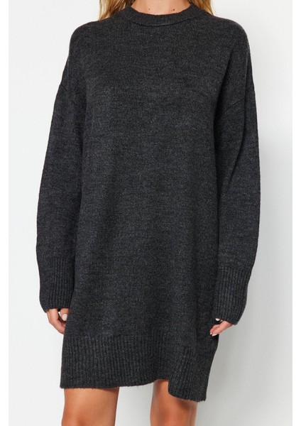 Yeni Oversize Casual Günlük Çift Plaka Triko Bisiklet Yaka Uzun Kol Shift Mini Boy Elbise
